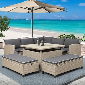 6-Piece Outdoor Patio Conversation Set PE Rattan Wicker Sofa Set with Table and Bench, Dining Table Set, Gray Cushion