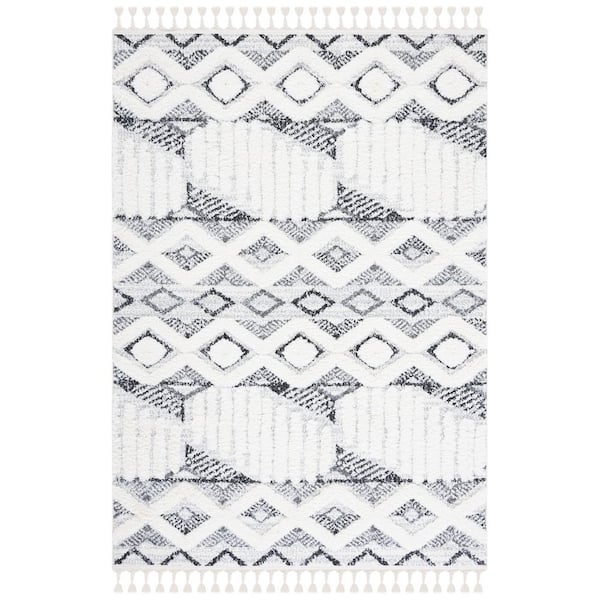 Moroccan Tassel Shag 9 ft. x 12 ft. Ivory/Gray Geometric High-Low Area Rug