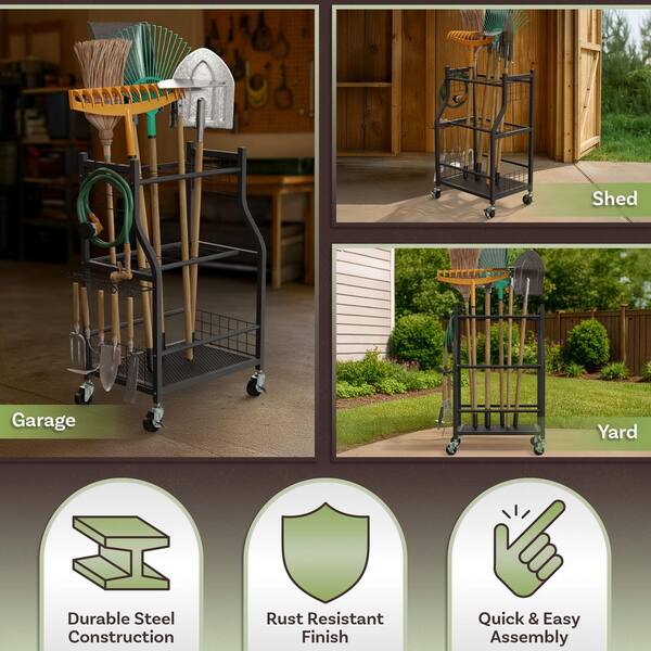Pure Garden 3-Tier Black Steel Garage Garden Tool Organizer with
