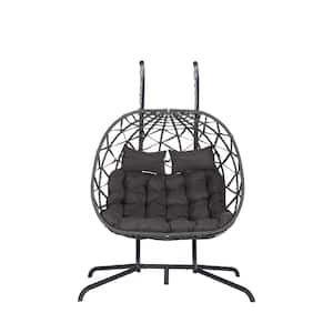 2-Person Wicker Outdoor Patio Swing Hanging Egg Chair with Dark Gray Cushions