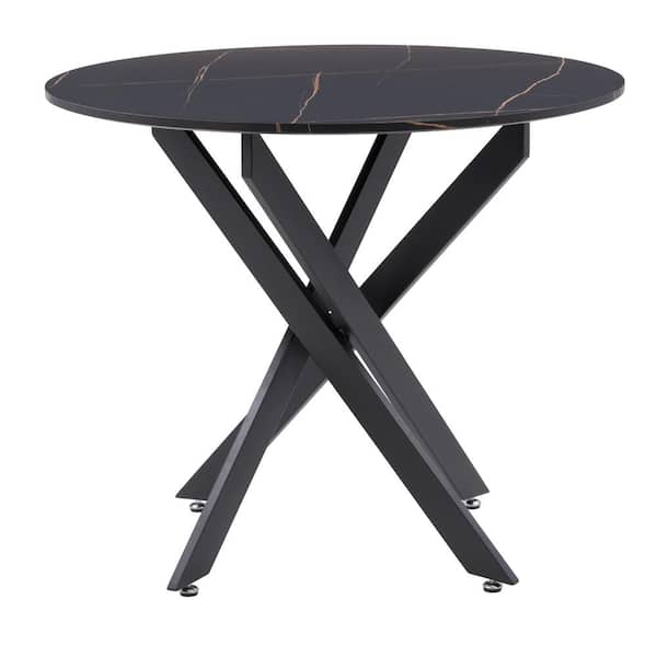 CorLiving Lennox 36 in. Round Black Engineered Wood Dining Table with Iron Leg Trestle (Seating Capacity for 4)
