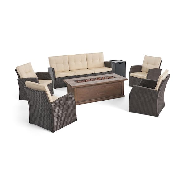 Sanger Dark Brown 7-Piece Faux Rattan Outdoor Patio Fire Pit Conversation Set with Beige Cushions