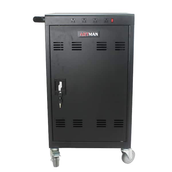 Matt Black Mobile Charging Cart and Cabinet for iPad, Chromebooks and Laptop Computers 35-Device Plus Media Storage