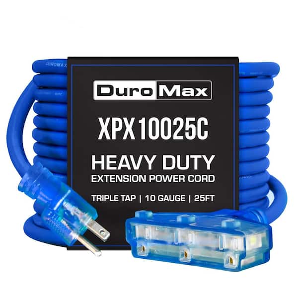 DUROMAX 25 ft. 10/3 SJEOOW 15 Amp 120-Volt 1875-Watt Indoor/Outdoor -58° F - 221° F Triple Tap Blue Lighted Extension Power Cord