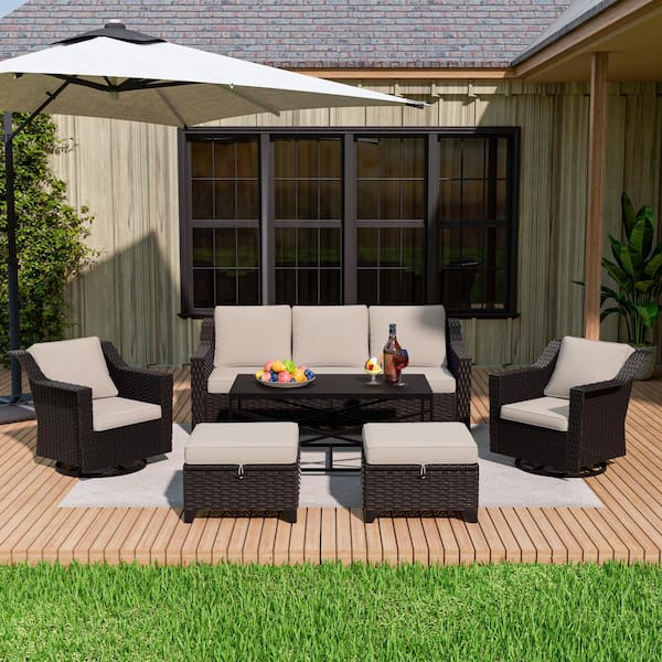 MeetLeisure 6-Piece Wicker Swivel Rocking Chairs Outdoor Patio Conversation Set with Beige Cushions and Coffee Table