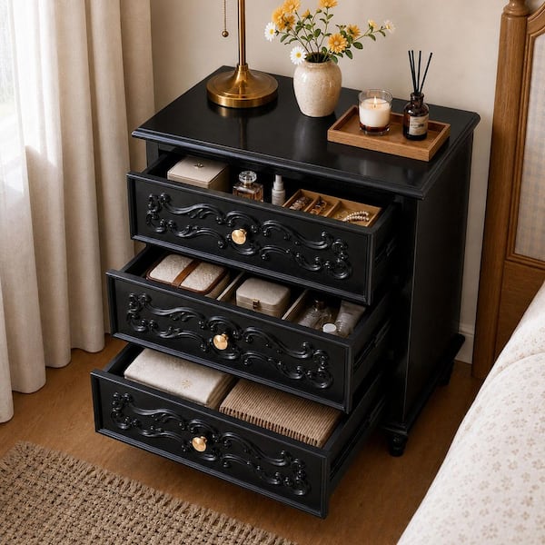 Black 3 Drawer 23.6 in. W Nightstand with Carved Accent Drawer Fronts, Solid Wood Legs, Round Knobs For Bedroom Storage