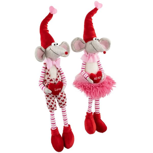 Northlight Pink Mice with "Love" and "XOXO" Heart Pillows Valentine's Day Figures - 20" x 6" - Set of 2