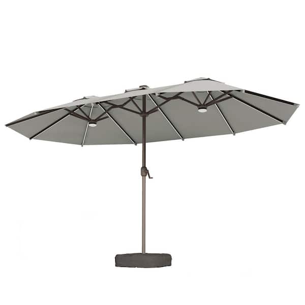 15 ft. Rectangule Outdoor Double Sided Market Patio Umbrella in Light Gray with Base and RGB Lights for Poolside Lawn