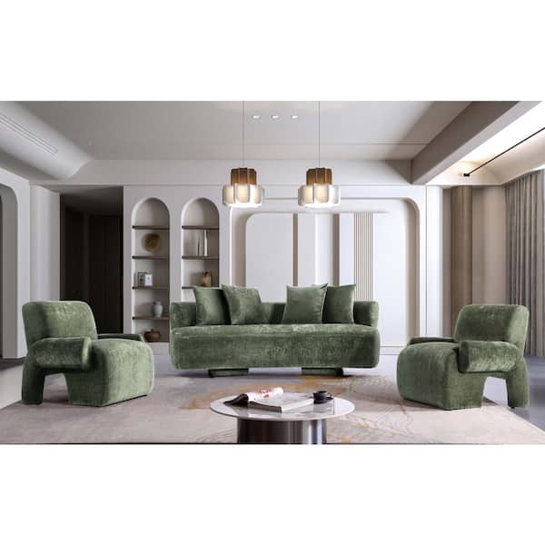 Manhattan Comfort Verandah 3-Piece Mid-Century Modern Olive Green  Chenille Upholstered Sofa and Accent Chair Living Room Set