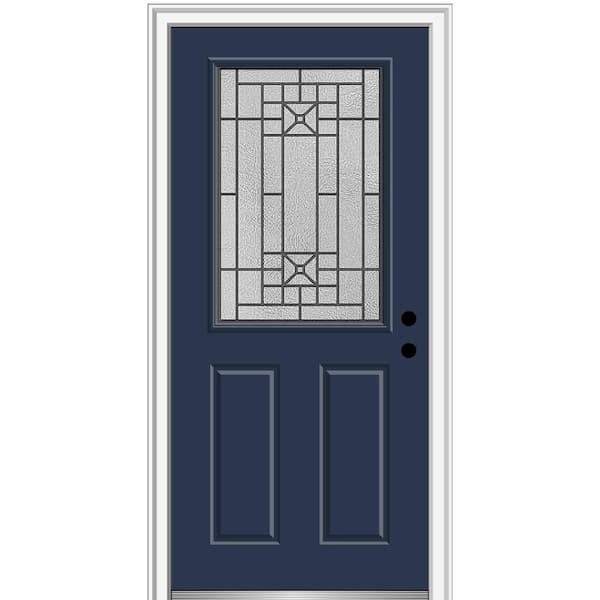 Courtyard 36 in. x 80 in. Left-Hand 1/2-Lite Decorative Blue Fiberglass Smooth Prehung Front Door on 6-9/16 in. Frame