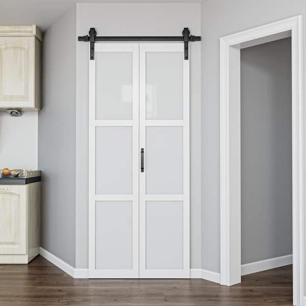 32 in. x 84 in. 3-Lite Tempered Frosted Glass White Finished Glass Bi-Fold Sliding Barn Door with Hardware Kit