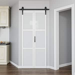 36 in. x 84 in. 3-Lite Tempered Frosted Glass White Finished Composite MDF Bi-Fold Sliding Barn Door with Hardware Kit