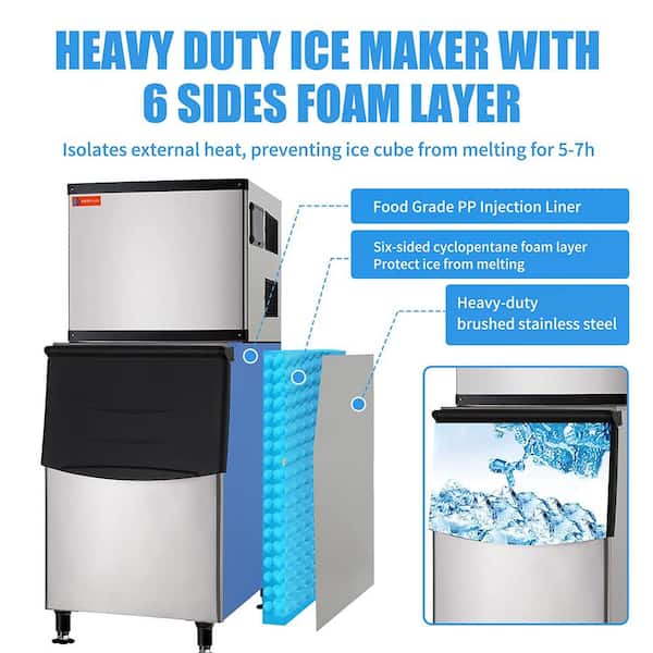 VEVOR Commercial Ice Maker 500 LBS/24H Freestanding Ice Making Machine with  330.7 LBS Large Storage Bin 1000W, Silver FTSZ330LBS2010BA9V1 - The Home  Depot