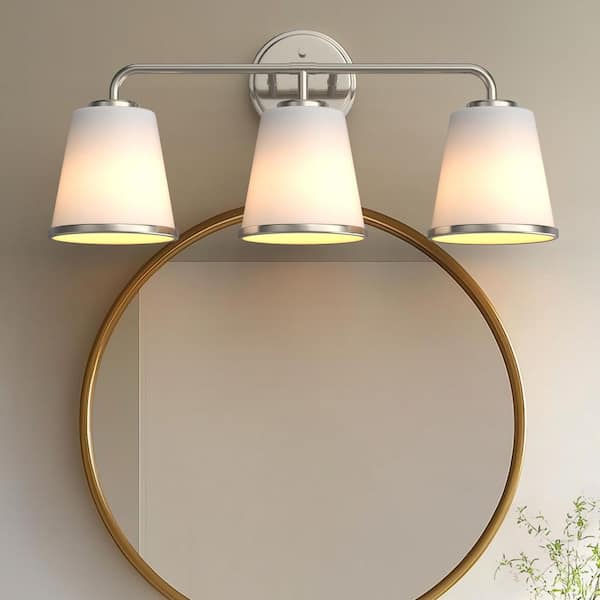 23 in. 3-Light Brushed Nickel Vanity Light with Soft Bell Shades for Bathroom Mirror