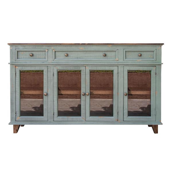 Benjara Blue and Brown Wood Top 70 in. Sideboard with 4 Glass-Doors