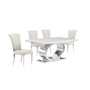 Ibraim 5-Piece Rectangle White Marble Top With Stainless Steel Base Dining Set With 4 Cream Velvet Iron Leg Chairs