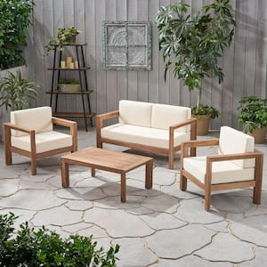 Genser Brown 4-Piece Acacia Wood Patio Conversation Set with Beige Cushions