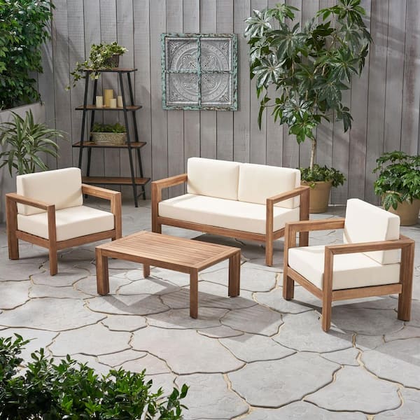 Noble House Genser Brown 4 Piece Acacia Wood Patio Conversation Set With Beige Cushions 68574 - Wood 4 Piece Outdoor Patio Set