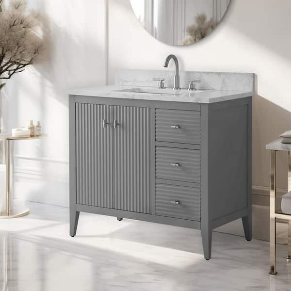 36 in. W x 22 in D x 38 in. H Single Sink Linear Gray Bath Vanity Cabinet with White Engineered Marble Top