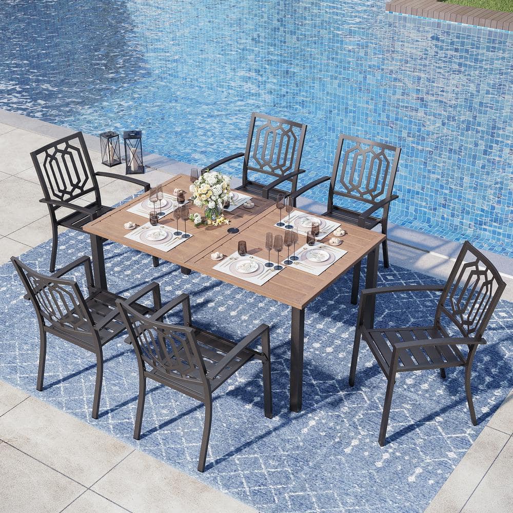 Black 7-Piece Metal Outdoor Patio Dining Set with Wood-Look Rectangle Table and Fashion Stackable Chairs price history on PriceWatchPro