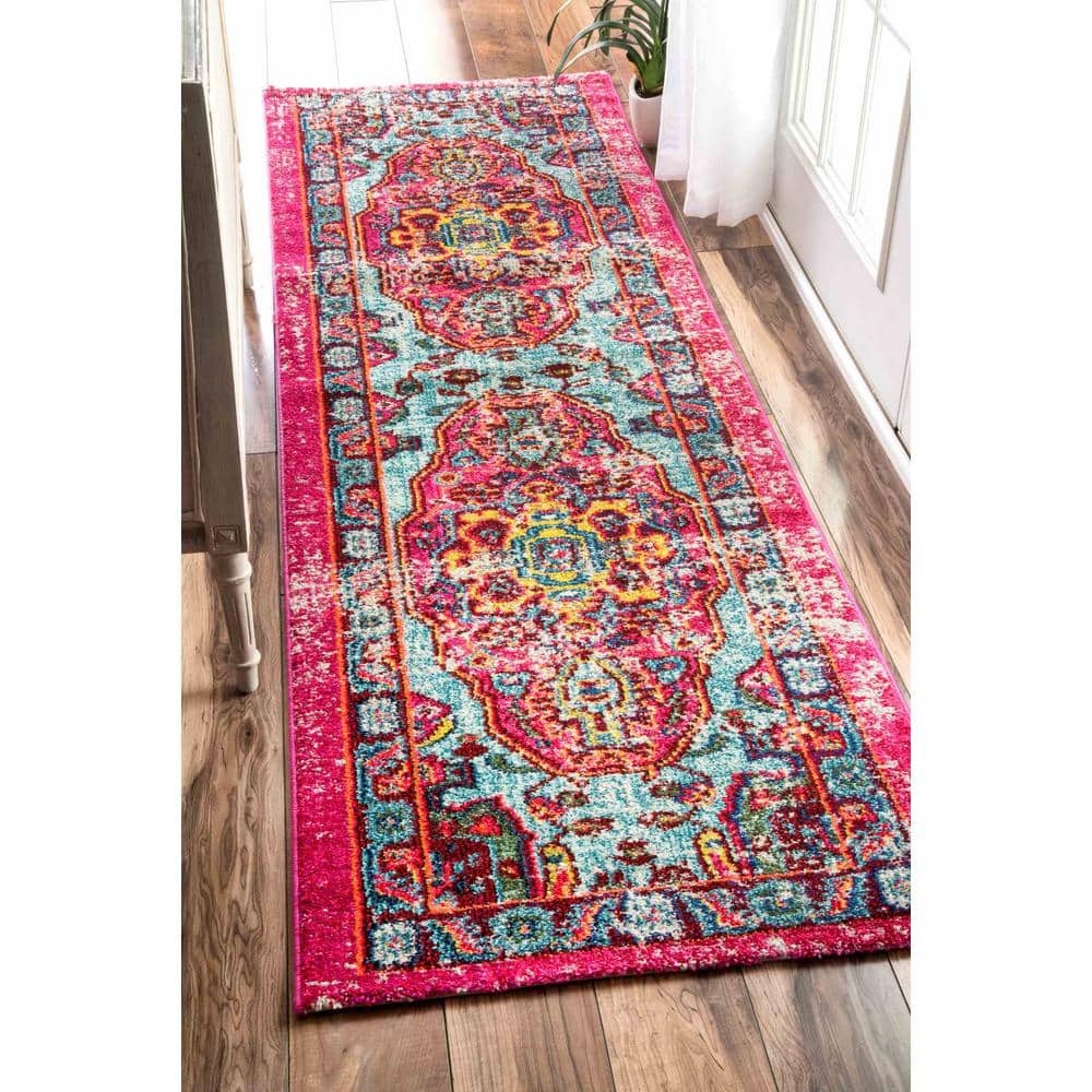 Blue Medallion Synthetic Non-slip Runner Rug 2' 6" x 8'