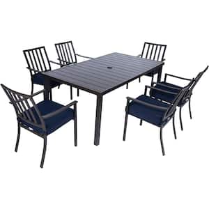 Carter 7-Piece Aluminum Outdoor Dining Set w/ Navy Cushions with All-Weather Frames, 6 Chairs, 72 in. x40 in. Slat Table