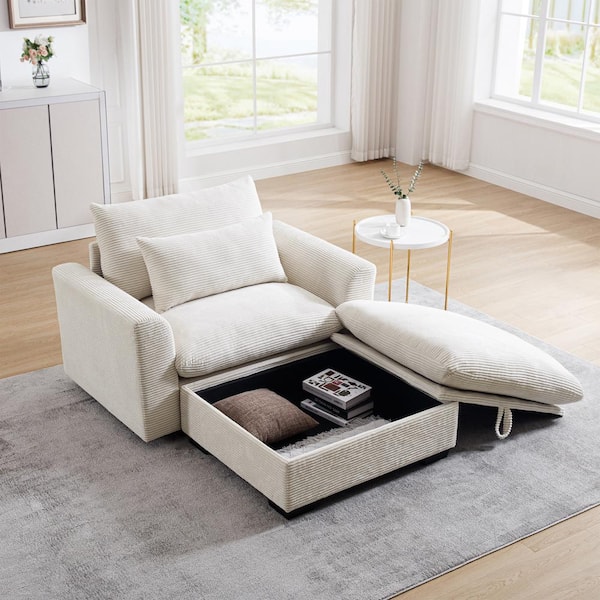 Magic Home 51 in. Square Arm Corduroy Sofa Recliner Couch L Shaped with a storage footstool in Beige