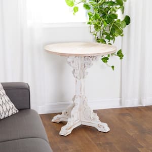 26 in. White Intricately Carved Scroll Large Round Wood End Accent Table with Brown Wood Top
