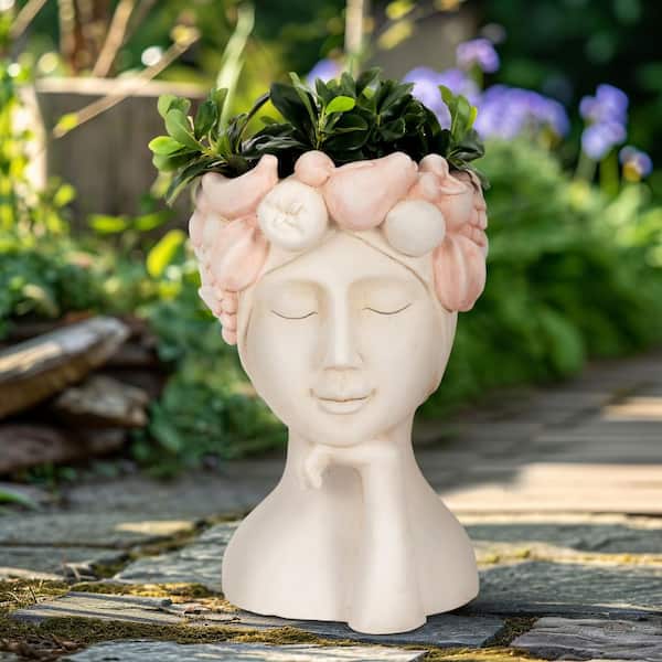 Liv & Skye Ivory Resin Lady With Flower Crown Decorative Planter