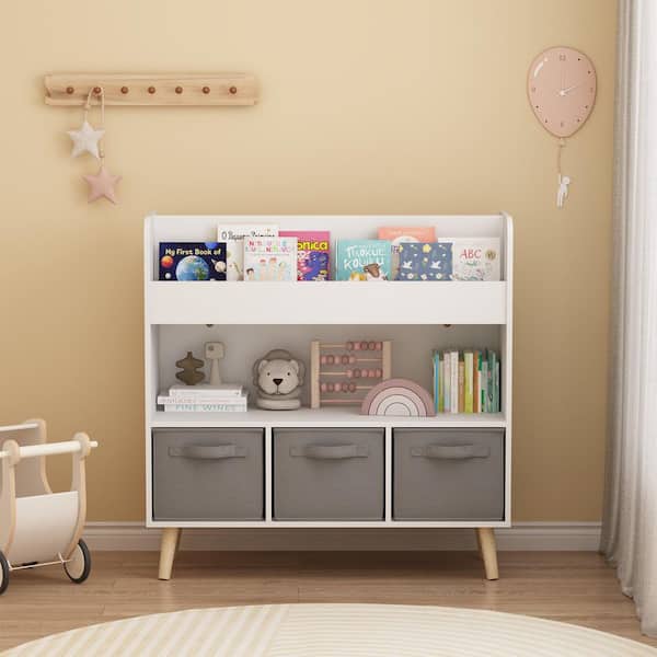 Modern 31.49 in. Tall White Front-Facing Kids Bookcase with Gray Fabric Drawers and Open Display Shelves
