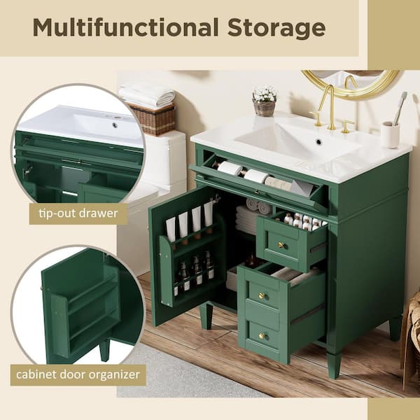 30 in. W Single Sink Green Bath Vanity with White Ceramic Top, Tip-Out Drawer, Adjustable Shelf