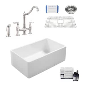 Bradstreet II 33 in. Farmhouse Single Bowl Crisp White Fireclay Kitchen Sink with Courant Bridge Faucet (Stainless) Kit