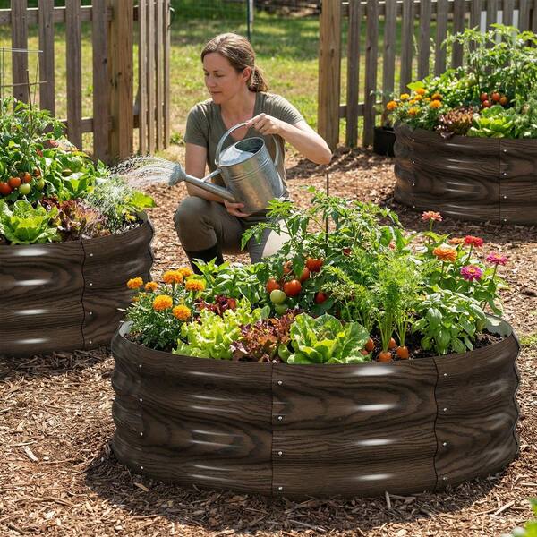 ABORON 3-Pack Round Galvanized Raised Garden Bed, 3 ft. W x 1 ft. H Metal Garden Bed, Above Ground Planter Box, Wood Grain