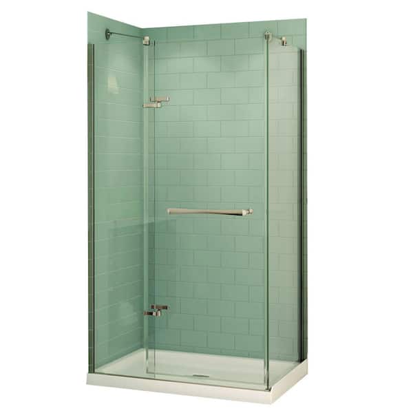 MAAX Reveal 48 in. x 74.5 in. Frameless Pivot Shower Door in Chrome with 48 in. x 32 in. Center Drain Base in White