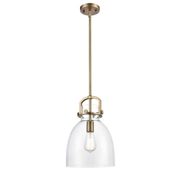 Newton Bell 1-Light Brushed Brass Clear Shaded Pendant Light with Clear Glass Shade
