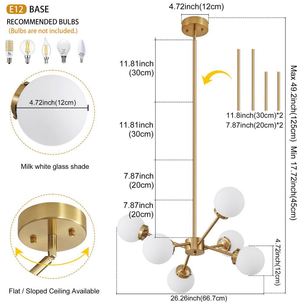 Adjustable Brass Sputnik Chandelier with Milk Glass Shades
