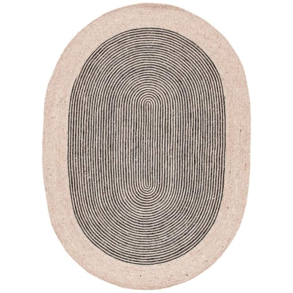 Braided Beige/Black 9 ft. x 12 ft. Striped Oval Area Rug