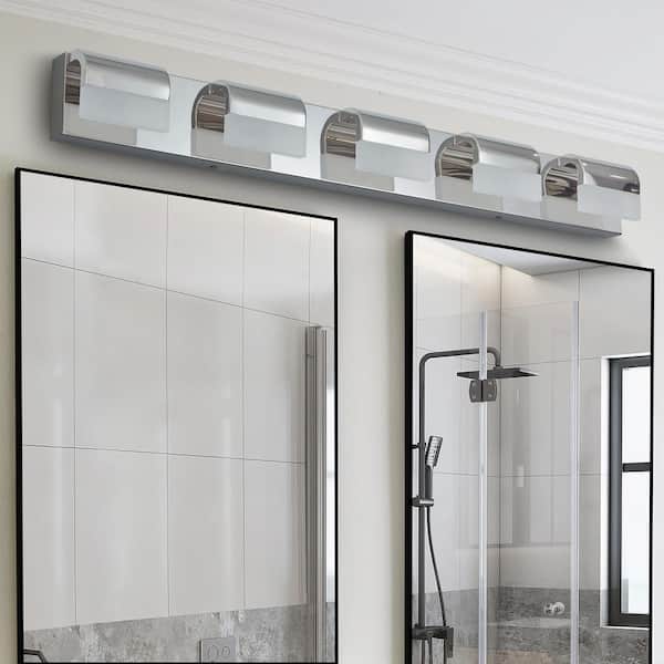 34.3 in. 5-Light Stainless Steel LED Vanity Light Bar with Dimmable Crystal Sand Shades