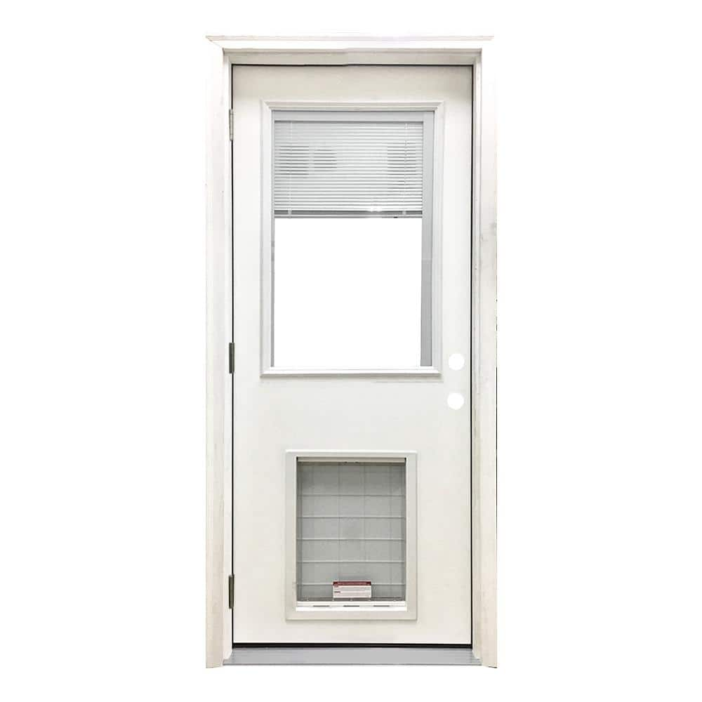 Steves & Sons 36 in. x 80 in. Reliant Series Clear MiniBlind RHOS White Primed Fiberglass Prehung Front Door with Extra Large Pet Door