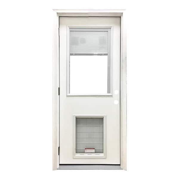 Steves & Sons 36 in. x 80 in. Reliant Series Clear MiniBlind RHOS White Primed Fiberglass Prehung Front Door with Extra Large Pet Door