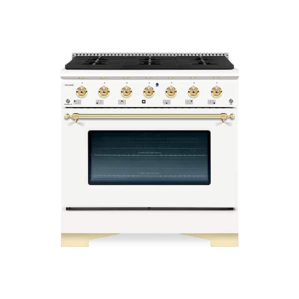 Hallman CLASSICO 36" 5.2CuFt. 6 Burner Freestanding Dual Fuel Range with Gas Stove and Electric Oven, White with Brass Trim