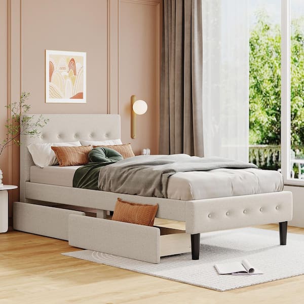 Harper & Bright Designs Beige Wood Frame Twin Size Linen Upholstered Platform Bed with 2-Drawer and Button-Tufted Headboard and FootBoard