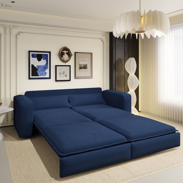 93 in. Square Arm Polyester Square Sofa with Sofa Bed and Pillows in Blue (Seats 3)