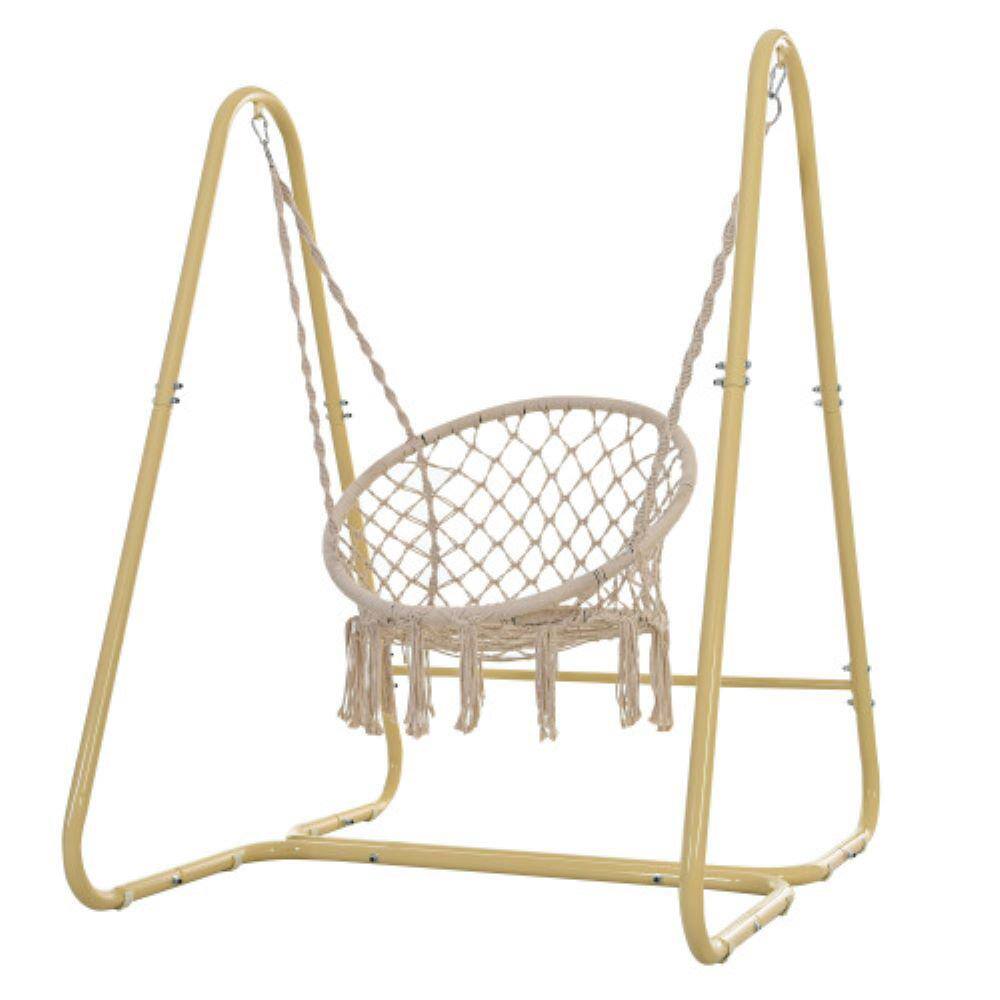 52.40 in. 1-Person Metal Patio Swing Chair Handmade Macrame Swing Hammock Chair with Stand in Cream Color price history on PriceWatchPro