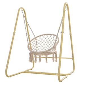 52.40 in. 1-Person Metal Patio Swing Chair Handmade Macrame Swing Hammock Chair with Stand in Cream Color