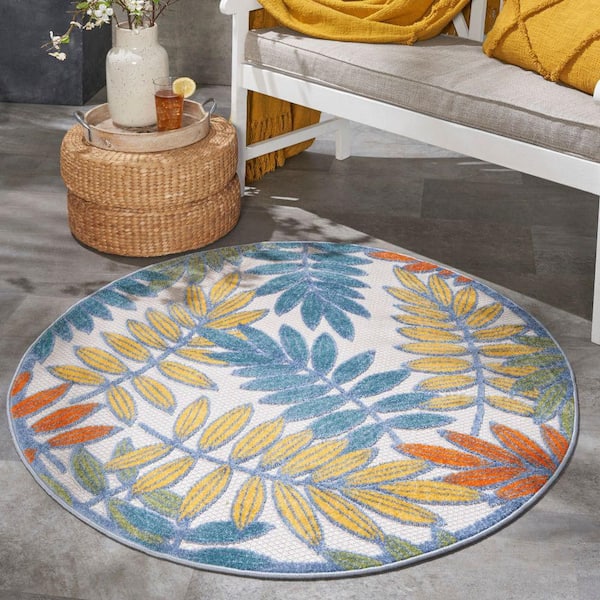 Aloha Ivory/Multi 4 ft. x 4 ft. Round Floral Contemporary Indoor/Outdoor Patio Area Rug