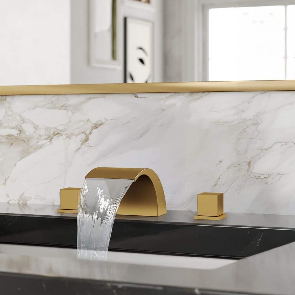 Modern 3 Hole Waterfall 8 in. Widespread Double Handle Bathroom Faucet in Brushed Gold Pop-Up Drain Included price history on PriceWatchPro