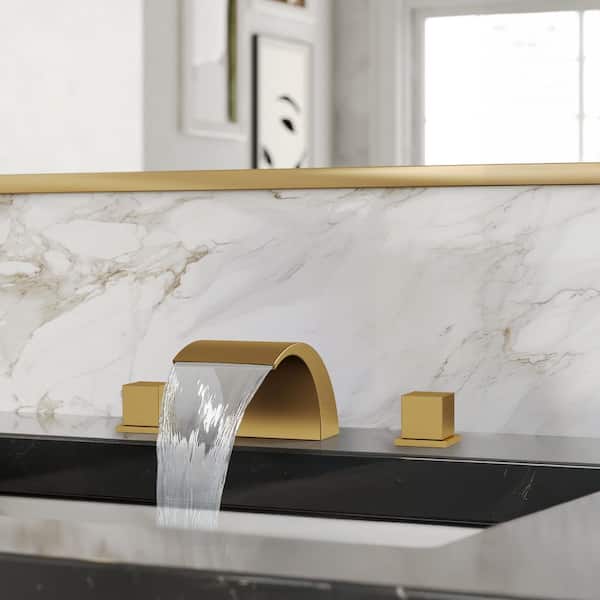 Modern 3 Hole Waterfall 8 in. Widespread Double Handle Bathroom Faucet in Brushed Gold Pop-Up Drain Included