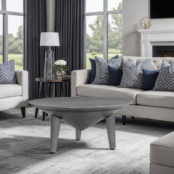 THE URBAN PORT Venus 28 in. Antique Gray Round Mango Wood Coffee Table with 3-Tapered Splayed Legs