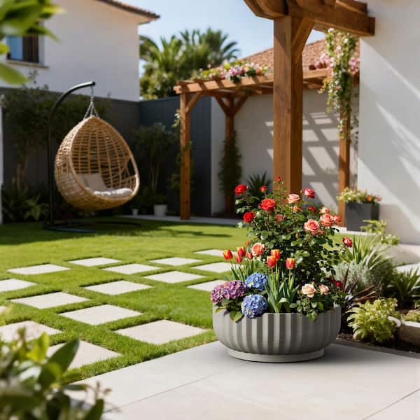 20.5in. Dia Round Fulted Bowl Planter Large Stone Gray Concrete Flower Plant Pots with Drainage Hole